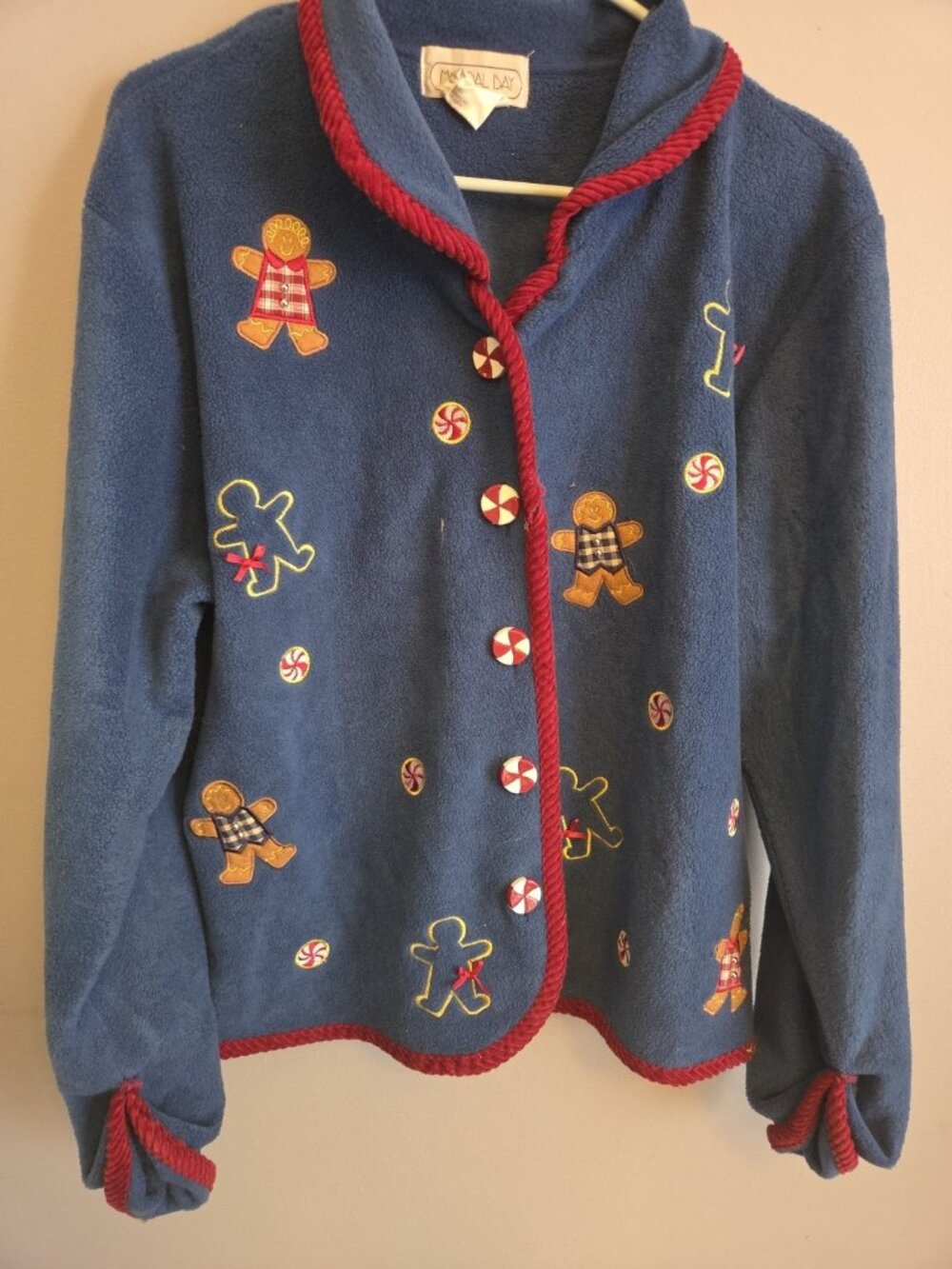 Mandal Bay Sweater Women Large\ Gingerbread Embroidered Fleece Novelty Cardigan